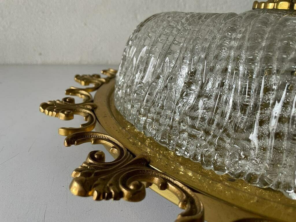 Mid Century Modern Ice Glass & Flower Brass Design Large Ceiling Or Wall Lamp, 1960s, Germany photo vinterior