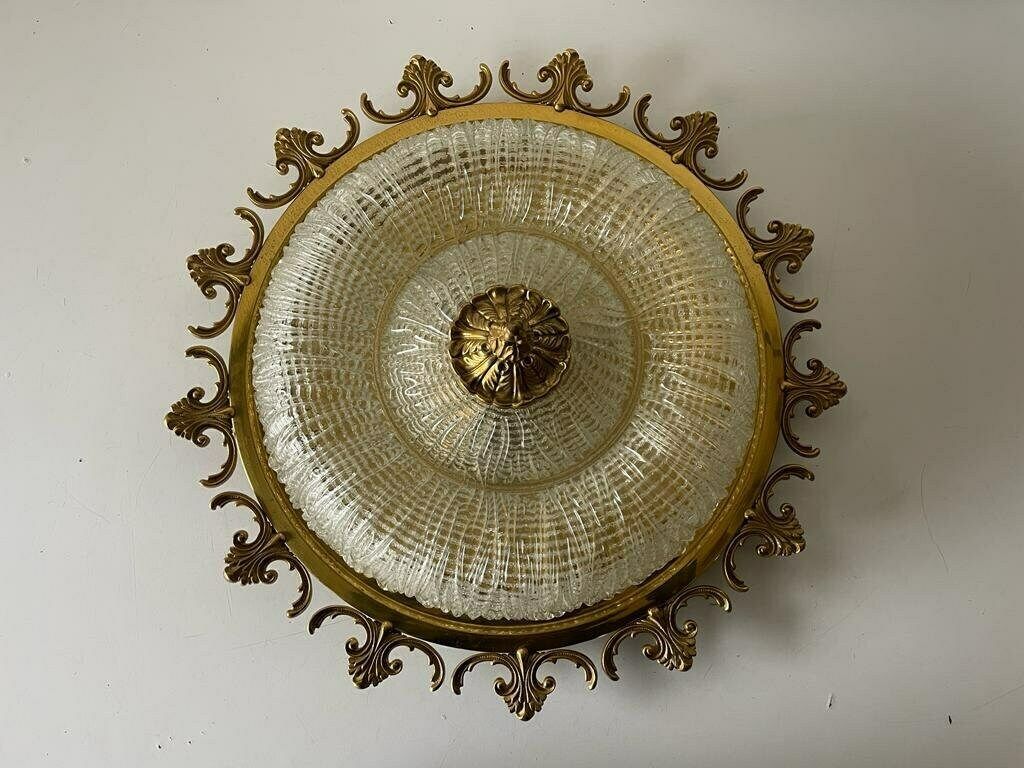 photo furniture Mid Century Modern Ice Glass & Flower Brass Design Large Ceiling Or Wall Lamp, 1960s, Germany