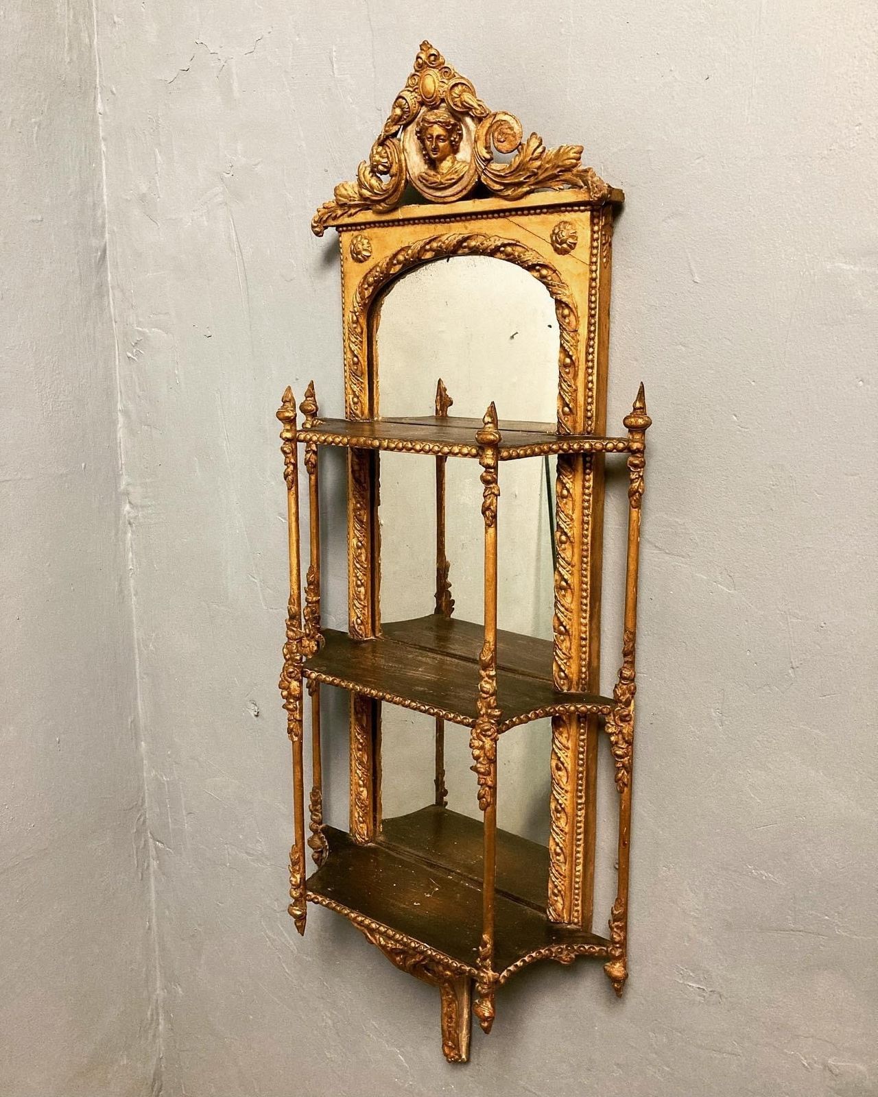 Victorian Gilt Gesso Arched Mirror With A Set Of 3 Shelves