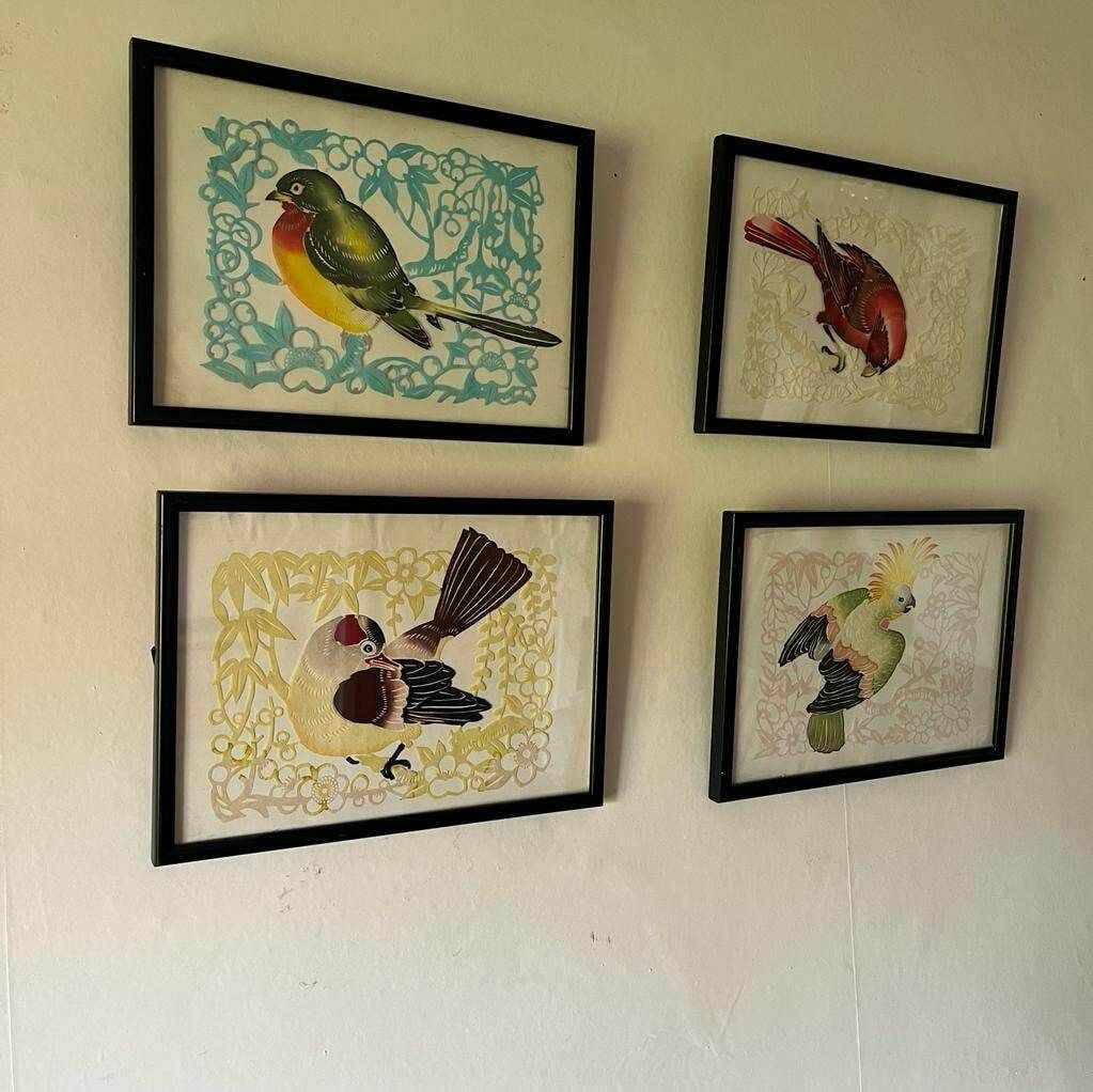 Set Of 4 Vintage Paper Cut Birds / Framed Art /Art photo furniture