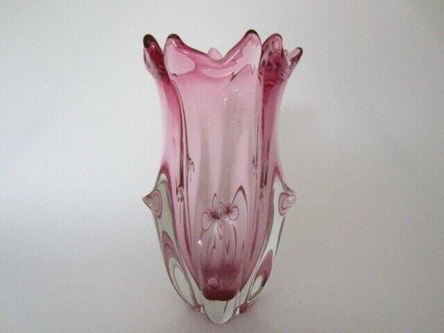 Decorative Czech Sommerso Pink Chribska Art Glass Tulip Bud Vase