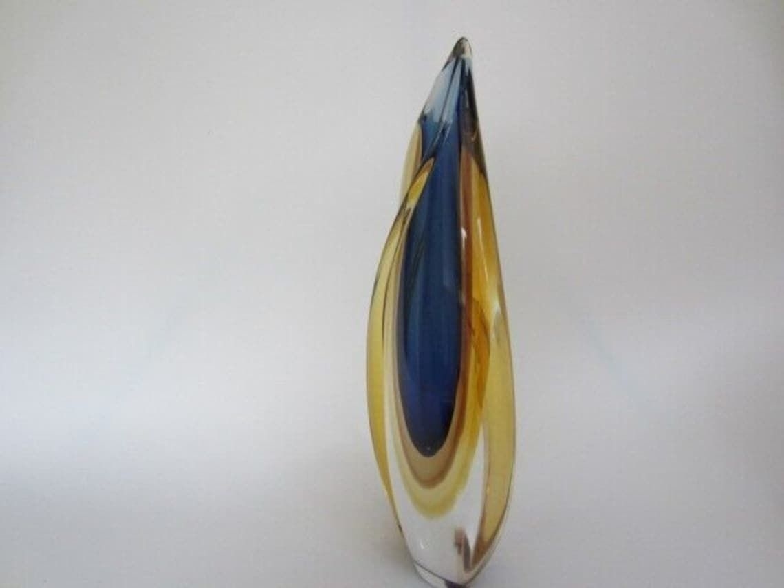 Murano Sommerso Italian Handmade Blue, Yellow, And Clear Crystal Xl Vase + Label photo 589.99