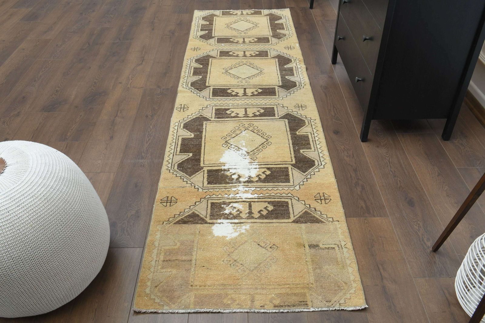 3x9 Vintage Turkish Oushak Runner Rug, Kitchen Hallway Runner, Handmade Wool Rug, Entryway Geometric Rugs, One Of A Kind, Farmhouse Decor