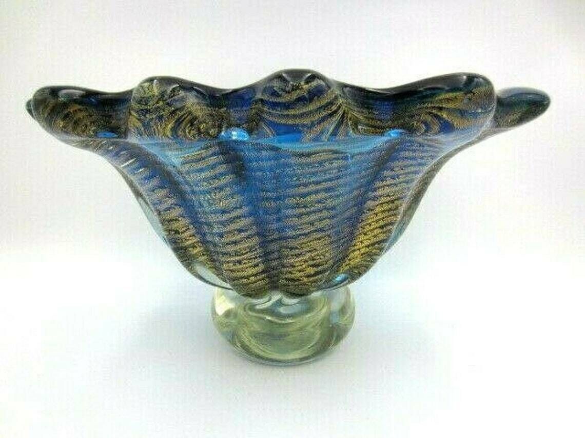 Xxl 4kg 50s Blue 24k Art Glass Fruit Bowl Barovier Toso Round Murano Cordonato Doro Rare photo Home Decor