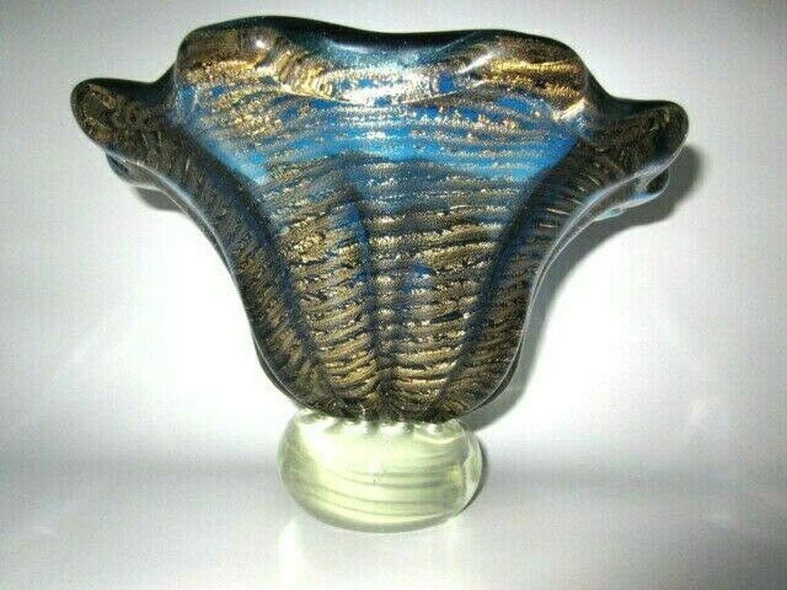 Xxl 4kg 50s Blue 24k Art Glass Fruit Bowl Barovier Toso Round Murano Cordonato Doro Rare photo vinterior