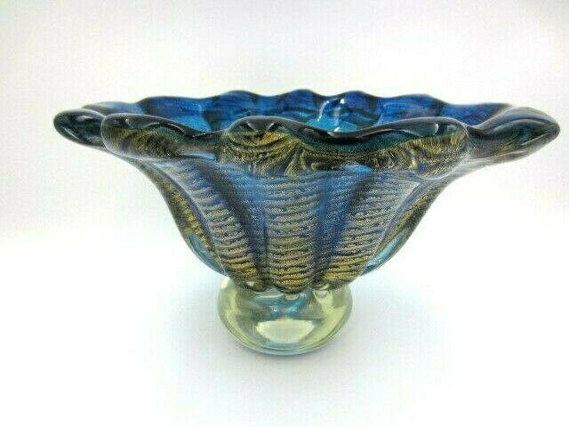 photo for sale Xxl 4kg 50s Blue 24k Art Glass Fruit Bowl Barovier Toso Round Murano Cordonato Doro Rare