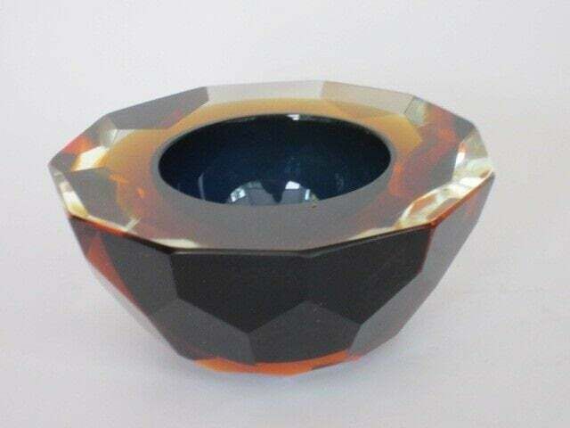 Murano Honeycomb Faceted Blue In Amber In Gold Space Age Diamond Cut Round Bowl photo vintage