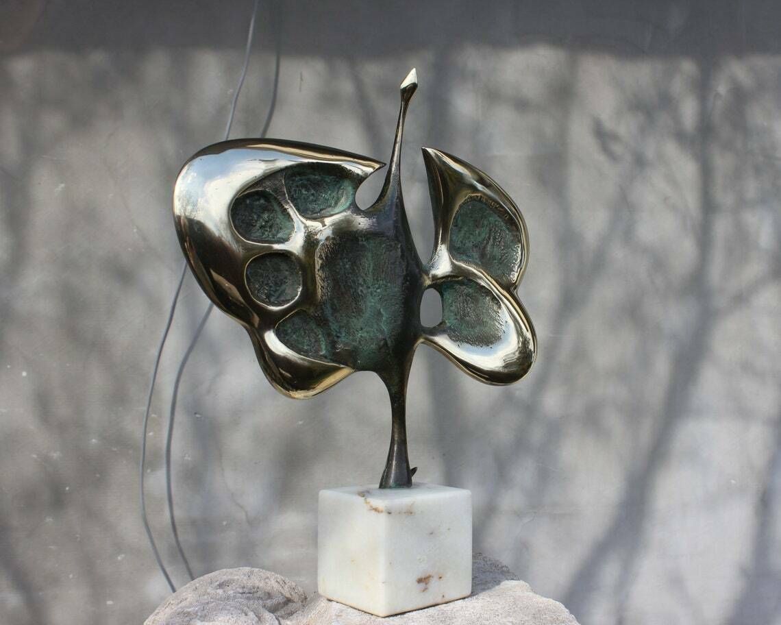 Bronze Bird Abstract Statue Signed Md Figurine Original Sculpture Wedding Couple Gift 50s Anniversary Gift 40s Birthday Gift photo furniture