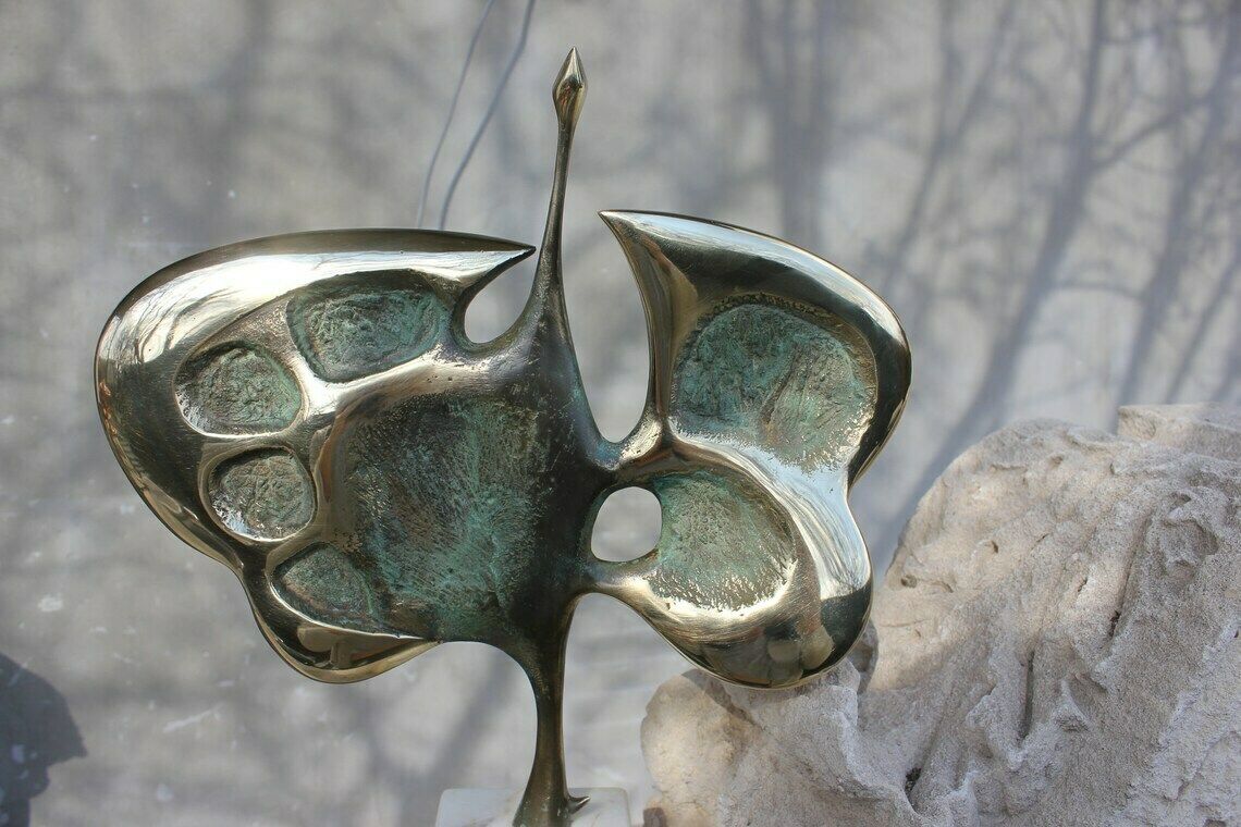 Bronze Bird Abstract Statue Signed Md Figurine Original Sculpture Wedding Couple Gift 50s Anniversary Gift 40s Birthday Gift photo vintage