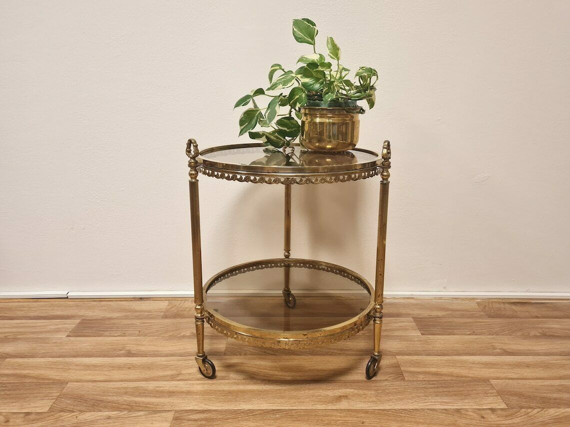 Vintage Mid Century Modern Brass Trolley Bar Table With Smoky Glass. Hollywood Regency Wheels Bar Cart