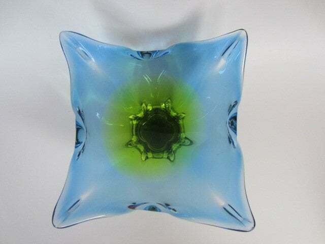 Vintage Chribska Sommerso Art Glass Bowl Blue And Acid Green 70s photo Home Decor