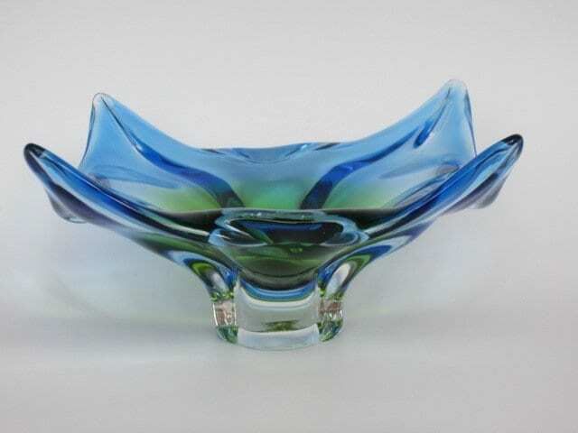 Vintage Chribska Sommerso Art Glass Bowl Blue And Acid Green 70s photo buy