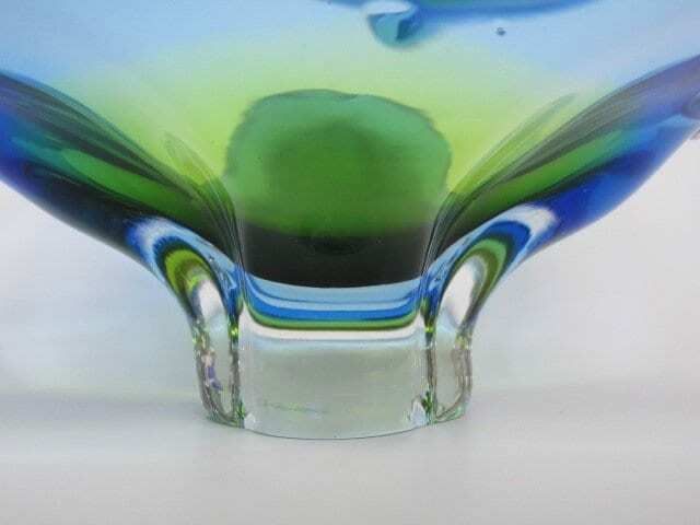 Vintage Chribska Sommerso Art Glass Bowl Blue And Acid Green 70s photo vintage