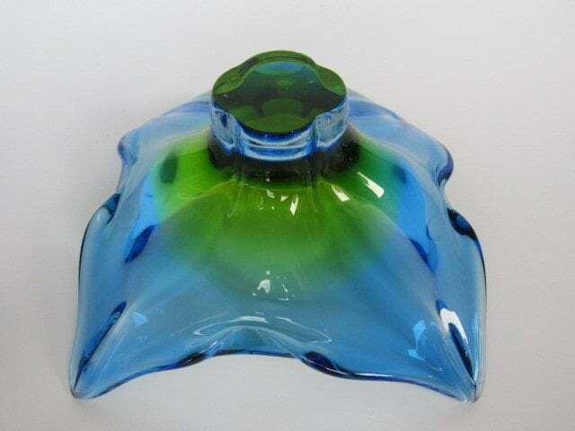photo for sale Vintage Chribska Sommerso Art Glass Bowl Blue And Acid Green 70s