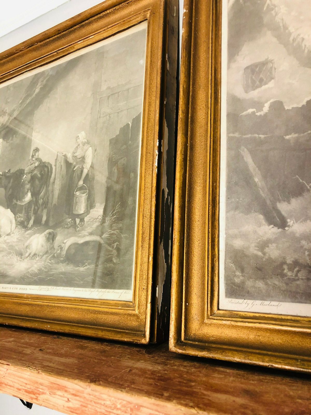 photo furniture Huge Amazing Rare Pair Of George Morland John Raphael Smith Mezzotint Engravings Georgian Milk Maid Cow Breaking Ice (Hh)