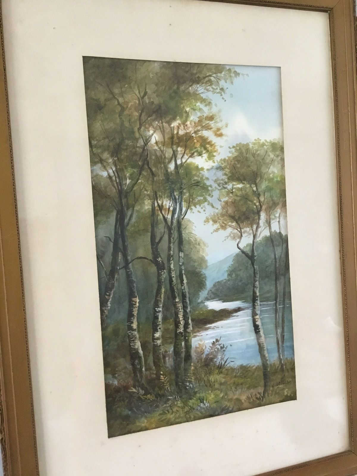 Antique J Douglas Watercolour Countryside River Scene Framed In Gold Frame photo vinterior