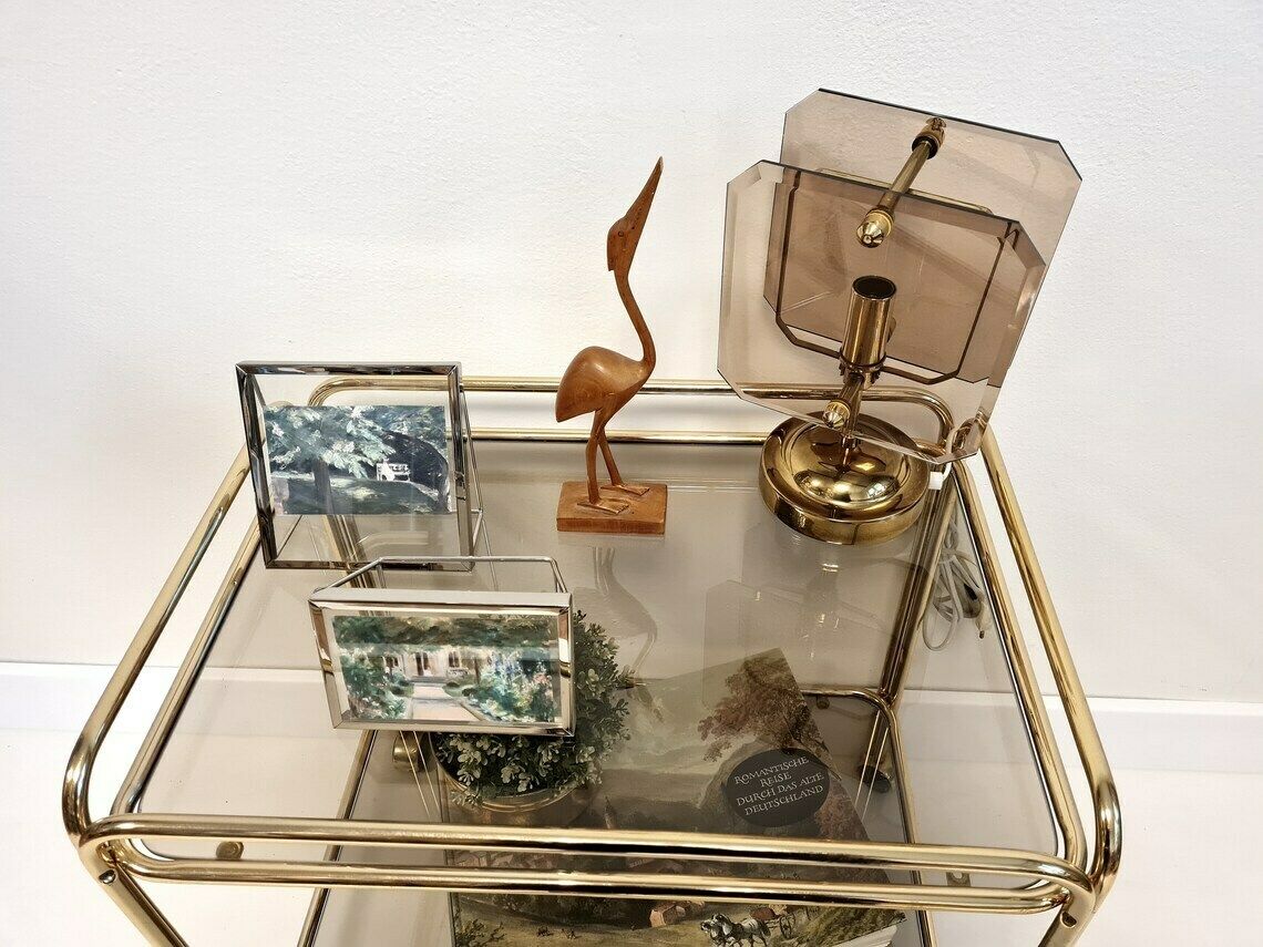 Vintage Hollywood Regency Modern Brass Trolley Table With Smoked Glass photo furniture