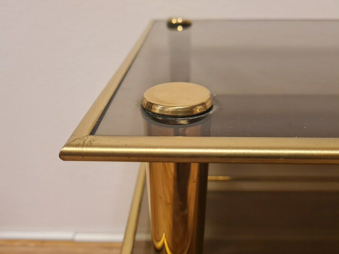 Vintage Hollywood Regency Gold Brass Mcm Table Or Tv Stand With Tempered Glass 80s photo Furniture