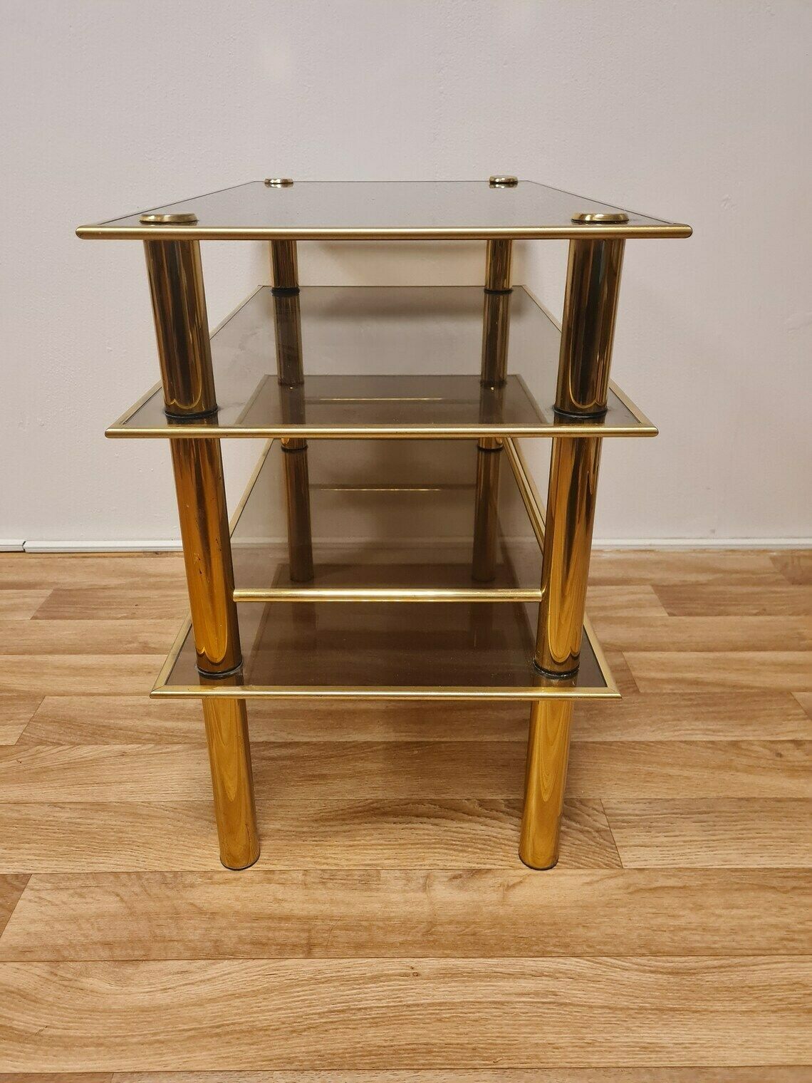 Vintage Hollywood Regency Gold Brass Mcm Table Or Tv Stand With Tempered Glass 80s photo vintage