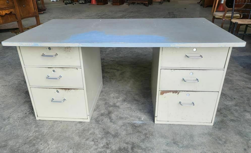 Vintage Retro Industrial Metal Pedestal Desk 6 Drawers Partners Office Home