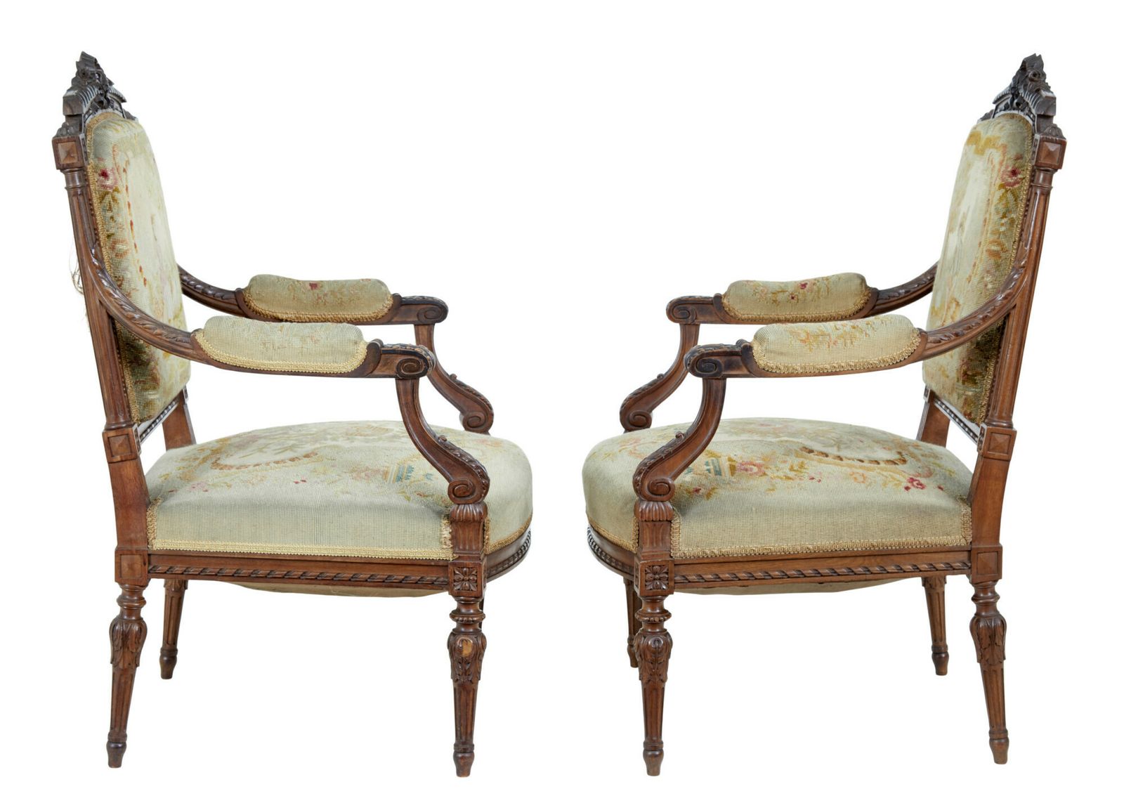 19th Century French Carved Walnut Tapestry Armchairs photo vintage