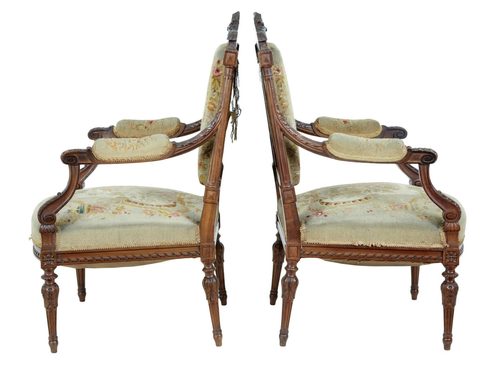 photo furniture 19th Century French Carved Walnut Tapestry Armchairs