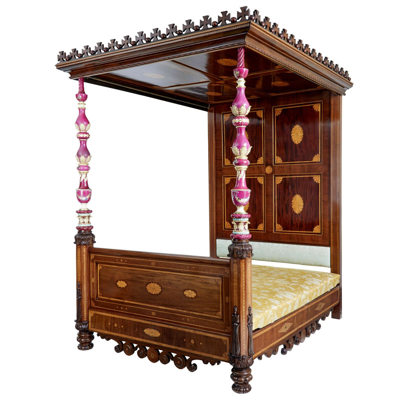 Rare 19th Century Mahogany And Porcelain 4 Poster Bed