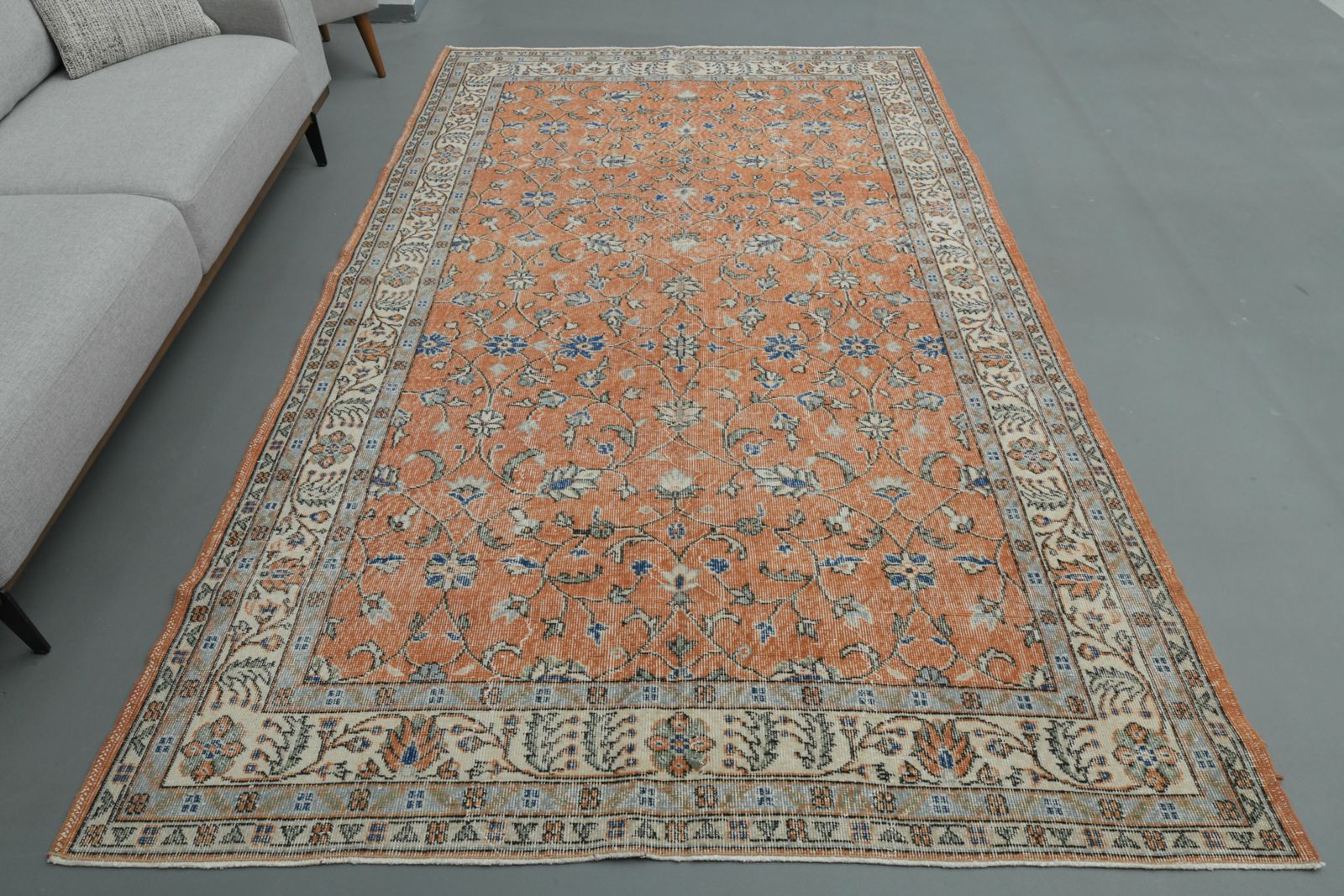190x310 Cm   Vintage Handamde Rug, Turkish Oushak Carpet, Made Of Wool, Orange Floral