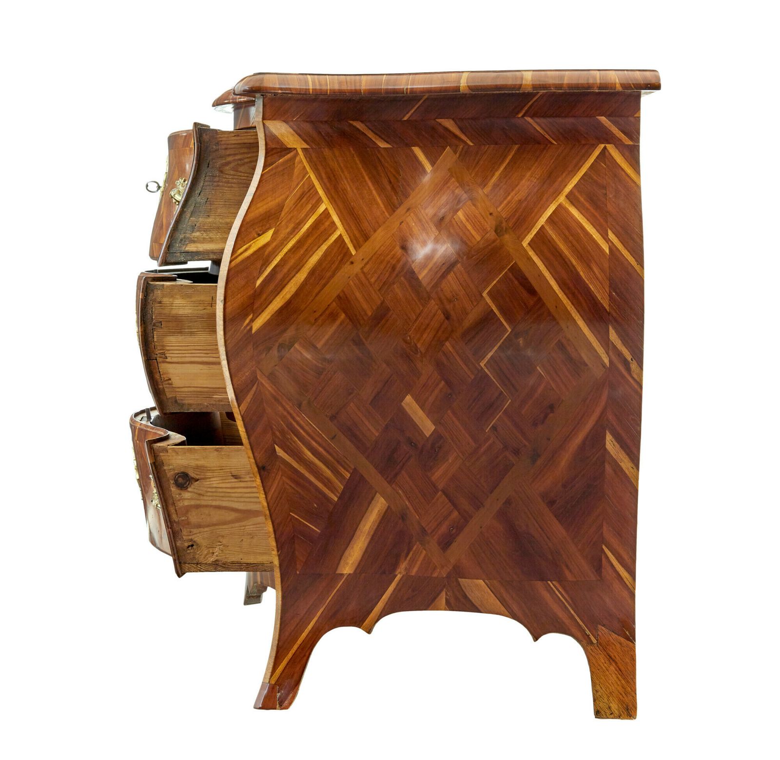 photo for sale Early 18th Century Rococo Inlaid Plum Bombe Chest Of Drawers
