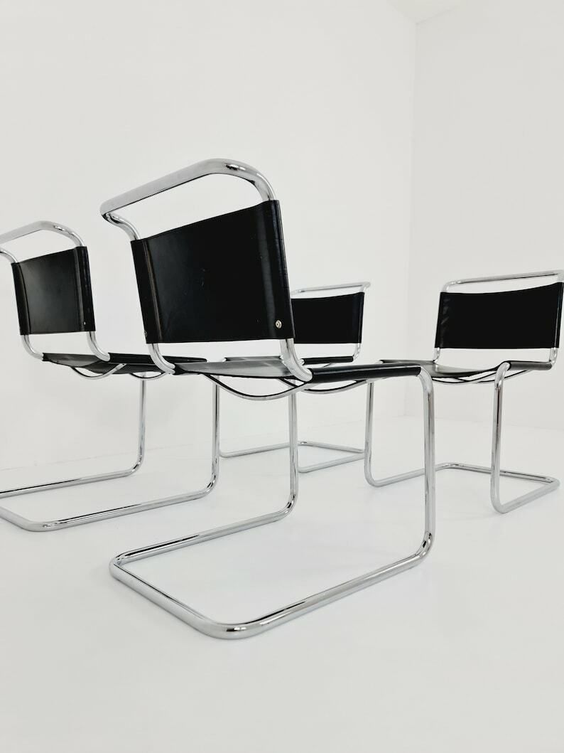 photo for sale Set Of 4 Chairs Mid Century Vintage S33 Cognac Chairs By Mart Stam & Marcel Breuer From 1980s