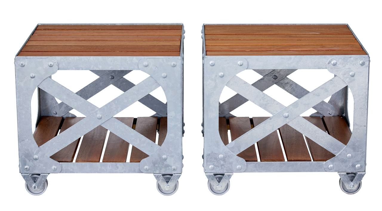 Pair Of Galvanised Steel And Teak Industrial Side Tables