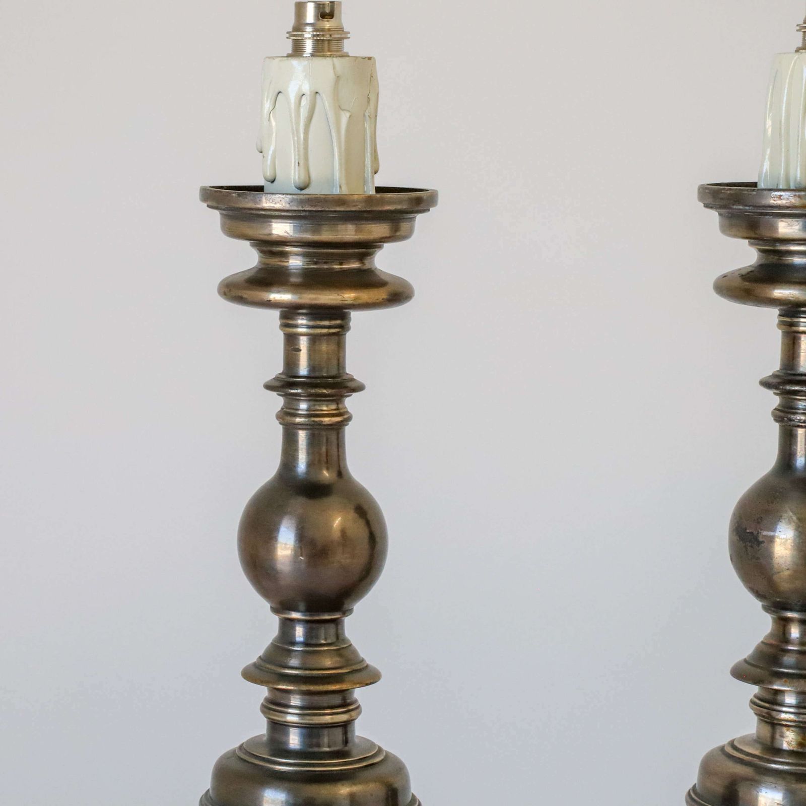 Pair Of Silvered Brass Candlesticks Later Converted To Lamps photo for sale