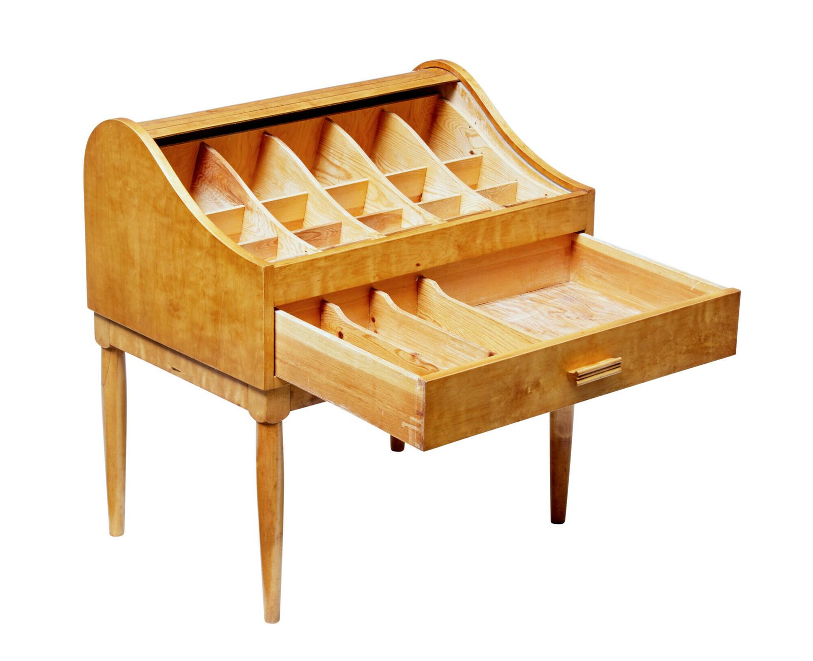 Mid 20th Century Birch Tambour Sewing Box On Stand photo vintage