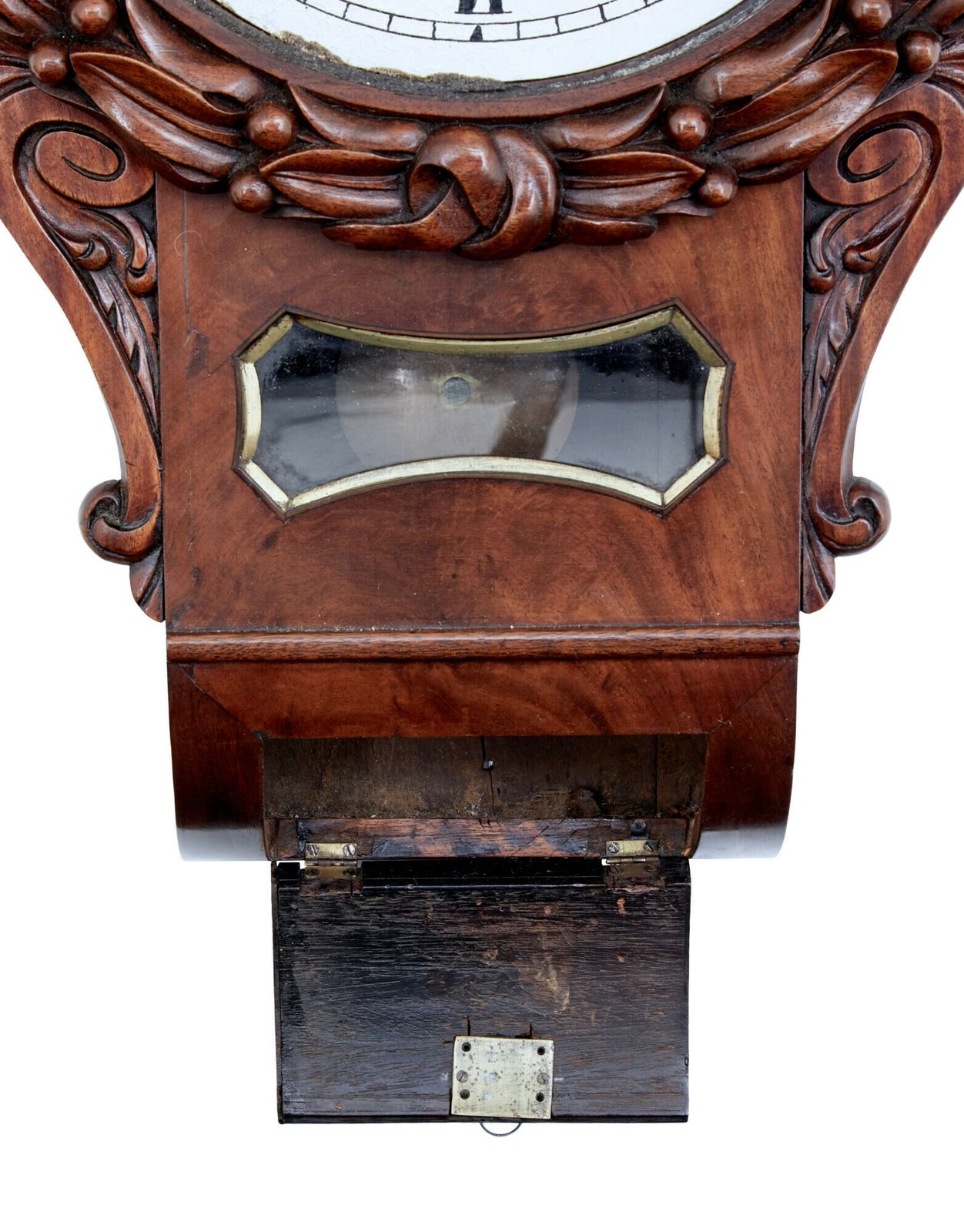Mid 19th Victorian Century Carved Mahogany Fusee Wall Clock photo for sale