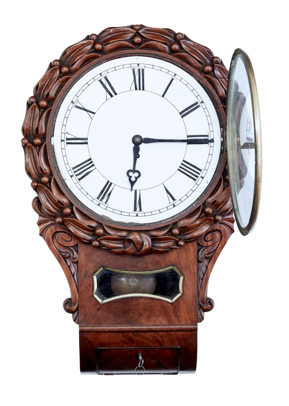 Mid 19th Victorian Century Carved Mahogany Fusee Wall Clock photo 1425.0