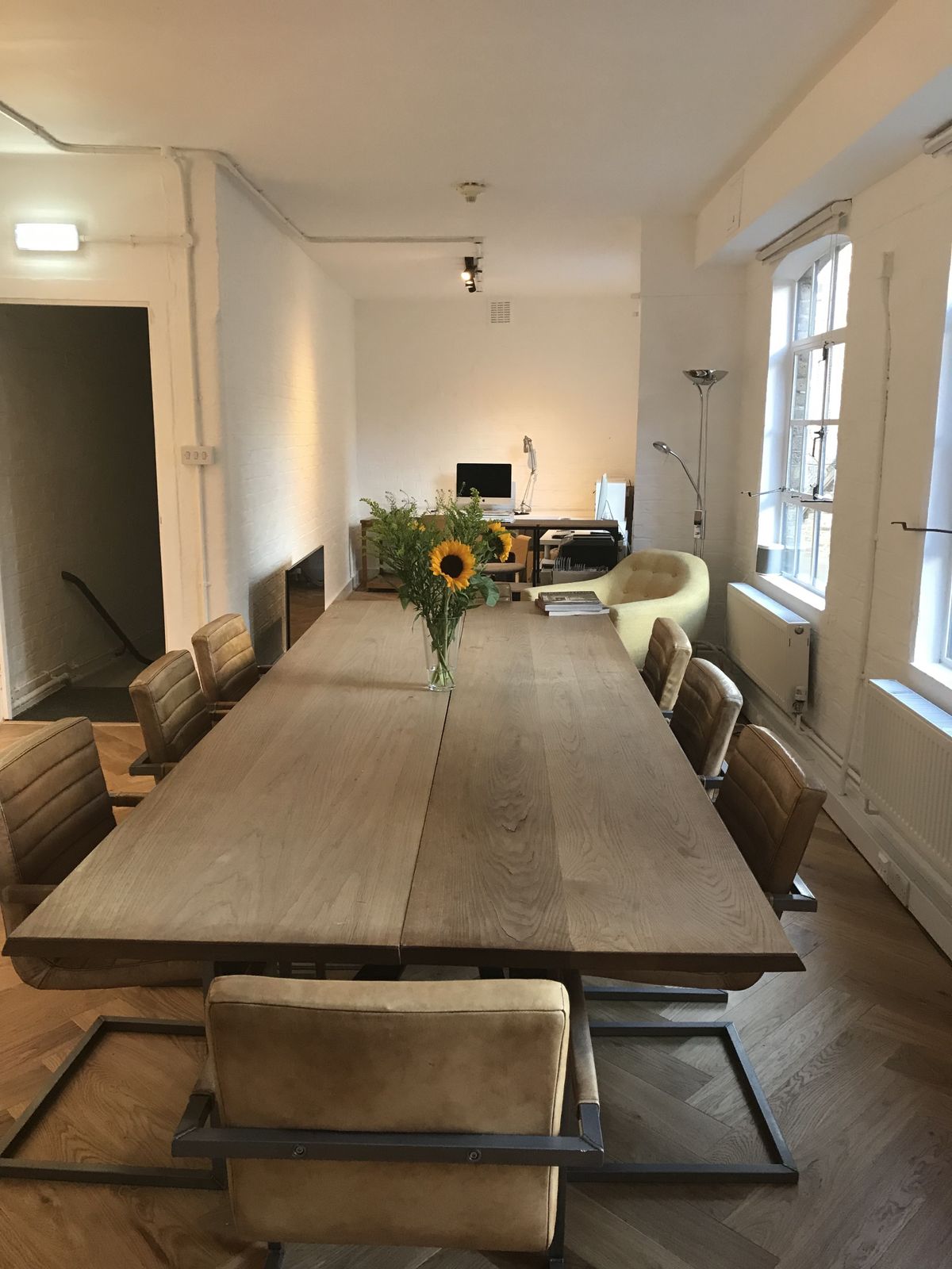 Beautiful Solid Oak Large Bespoke Table With Steel Base. Beautifully Crafted & Impactful. With A Set Of 8 Leather And Metal Dining Chairs photo 5000.0