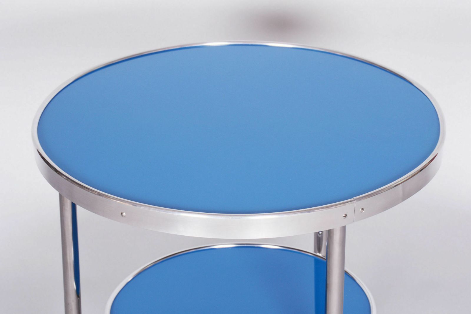 Restored Bauhaus Small Blue Table, Kovona, Chrome Plated Steel, Spruce Wood Glass, Czechia, 1930s photo buy