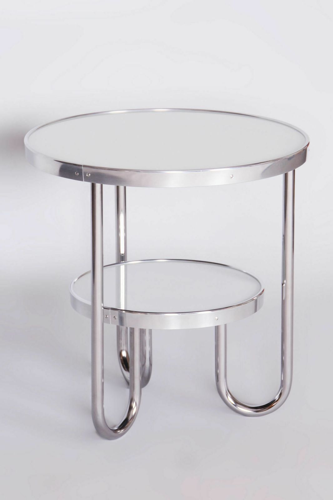 Restored Bauhaus Small White Table, Kovona, Chrome Plated Steel, Spruce Wood,  Glass, Czechia, 1930s