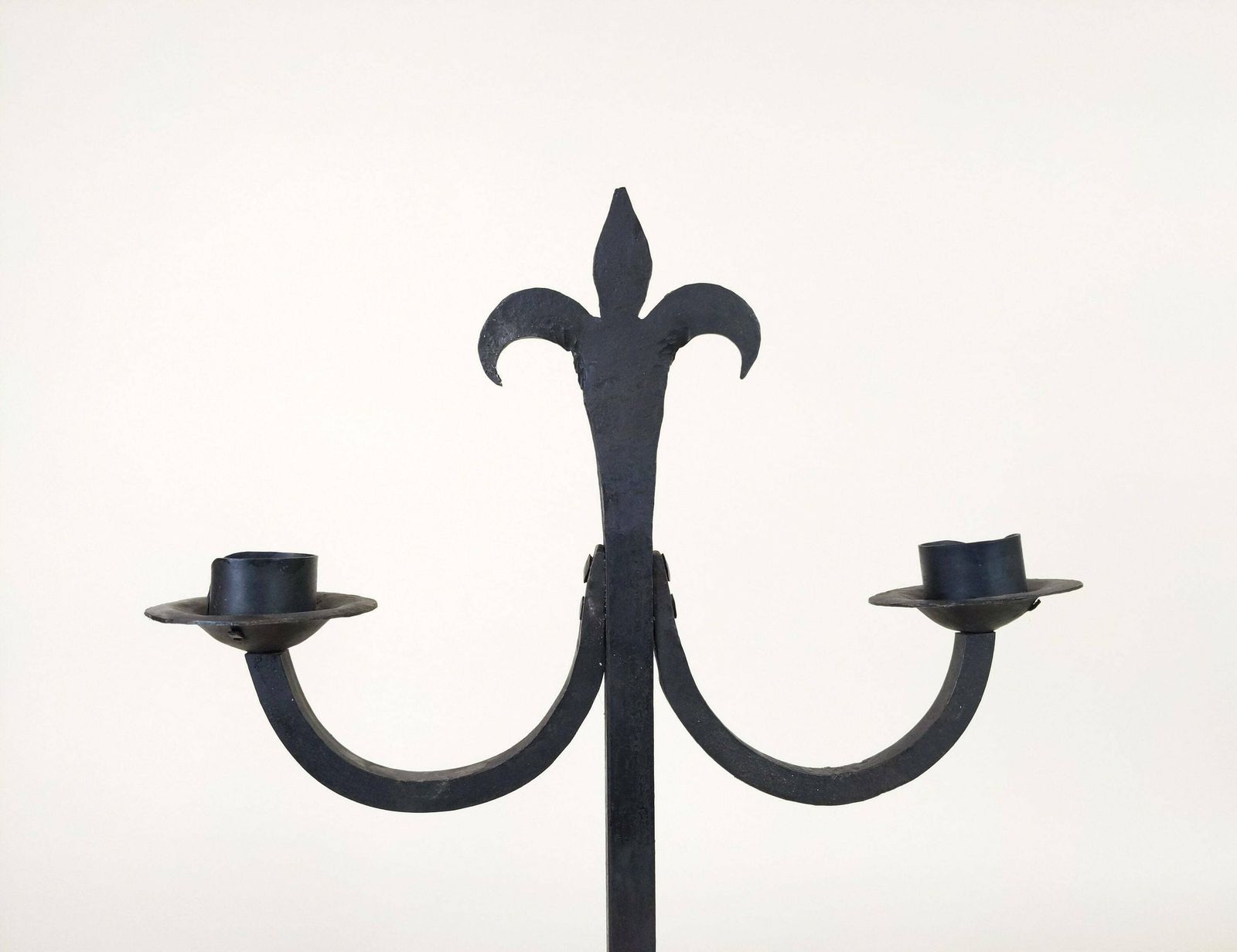 Large French Wrought Iron Hand Forged Iron Candle Holder Chandelier, Large Rustic Fleur De Lys Candlestick From France photo for sale
