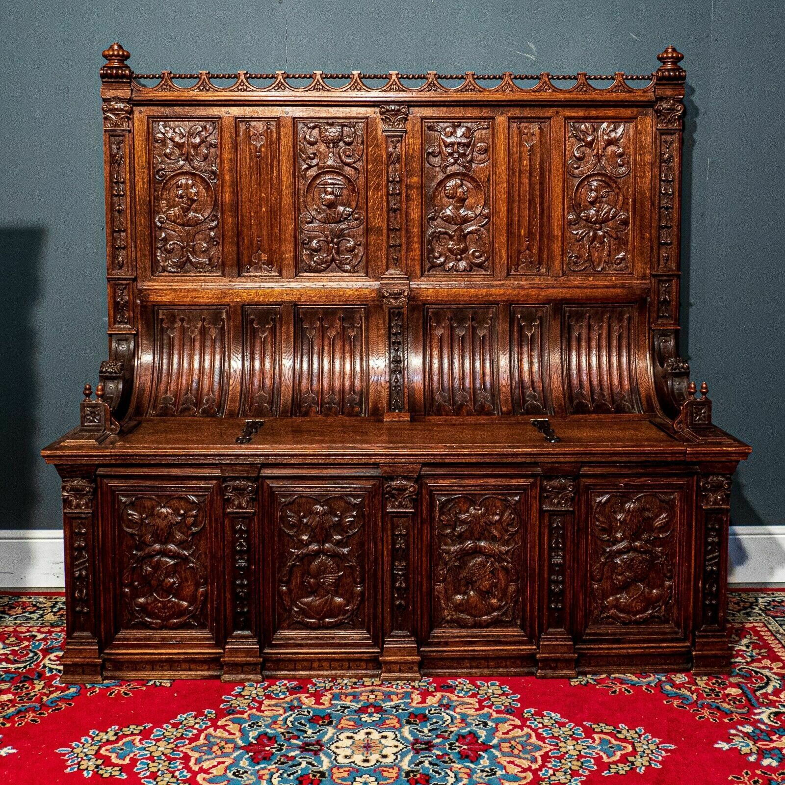 Superb 19th Century Carved Oak Flemish Curved Back Settle photo for sale