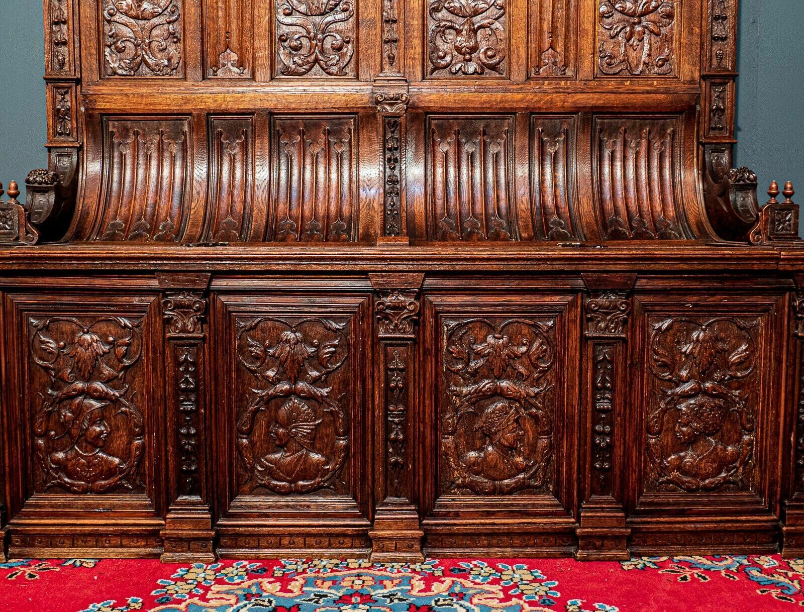 photo for sale Superb 19th Century Carved Oak Flemish Curved Back Settle