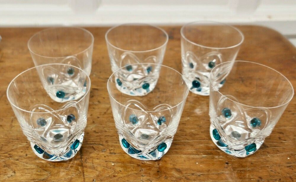 photo vintage Lalique Floride Turquoise Crystal Set Of 6 Whiskey Tumblers And Assiette