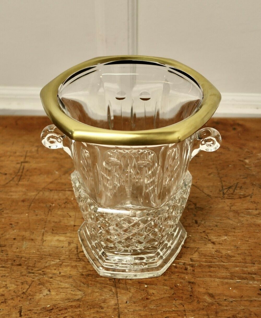 Hand Cut French Art Deco Crystal Wine Cooler With Gilded Top Rim photo for sale