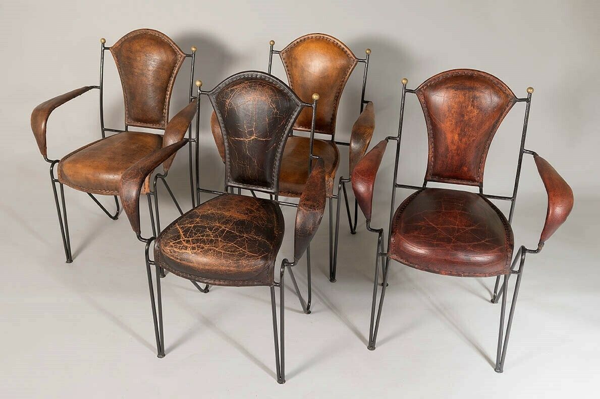Set Of 4 1950s French Jacques Adnet Iron Frame With Stitched Leather Armchairs photo furniture