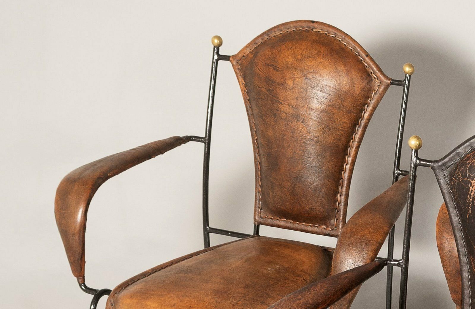 Set Of 4 1950s French Jacques Adnet Iron Frame With Stitched Leather Armchairs photo Furniture