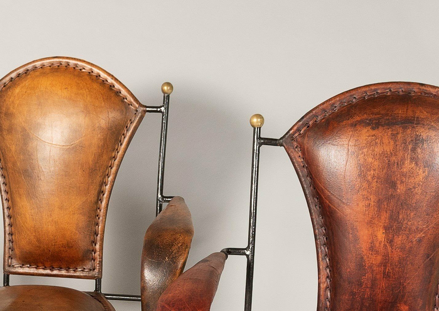 Set Of 4 1950s French Jacques Adnet Iron Frame With Stitched Leather Armchairs photo 1800.0