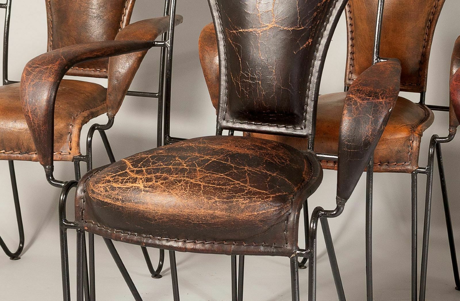 Set Of 4 1950s French Jacques Adnet Iron Frame With Stitched Leather Armchairs photo buy