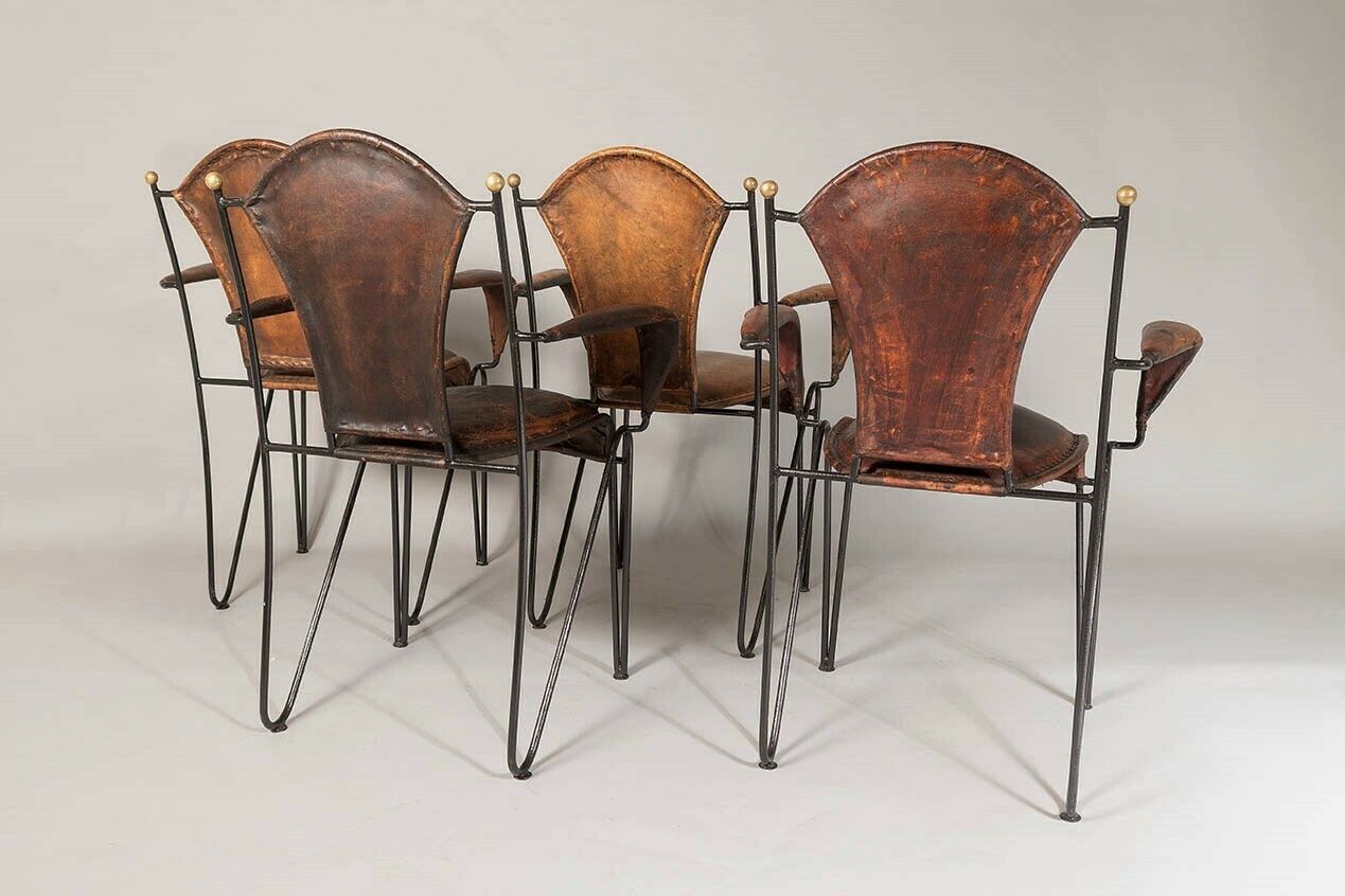 photo buy Set Of 4 1950s French Jacques Adnet Iron Frame With Stitched Leather Armchairs
