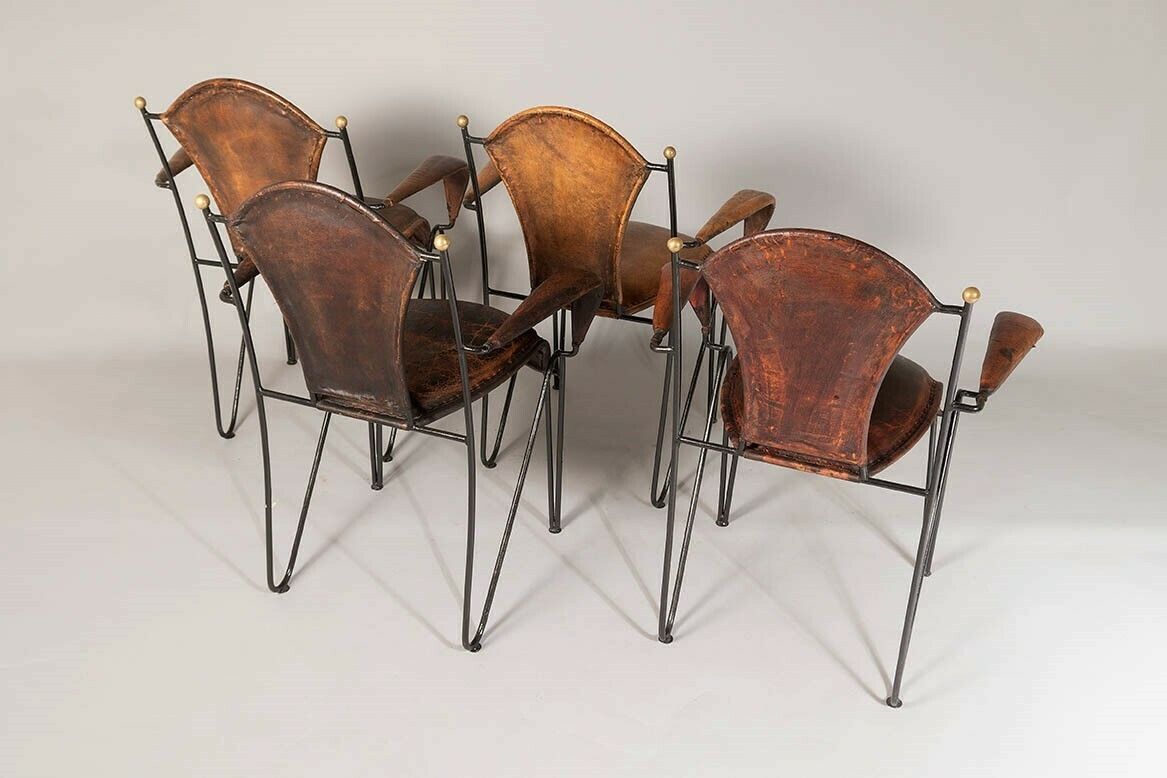 photo vintage Set Of 4 1950s French Jacques Adnet Iron Frame With Stitched Leather Armchairs