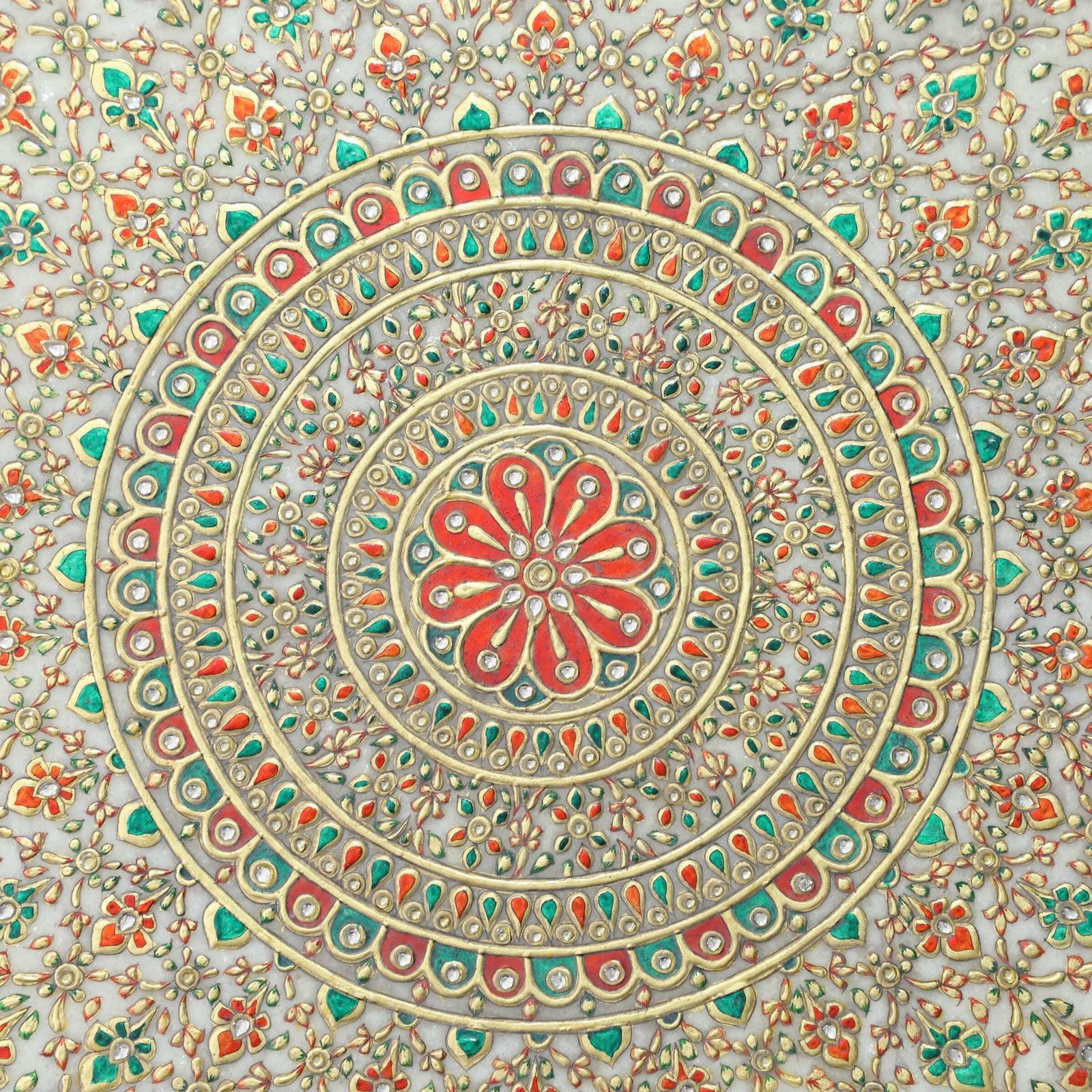 Vintage Indian Hand Painted Marble Coffee Table | Rajasthani Design With Gemstone Inlay | 1970s (Small Size) photo vintage